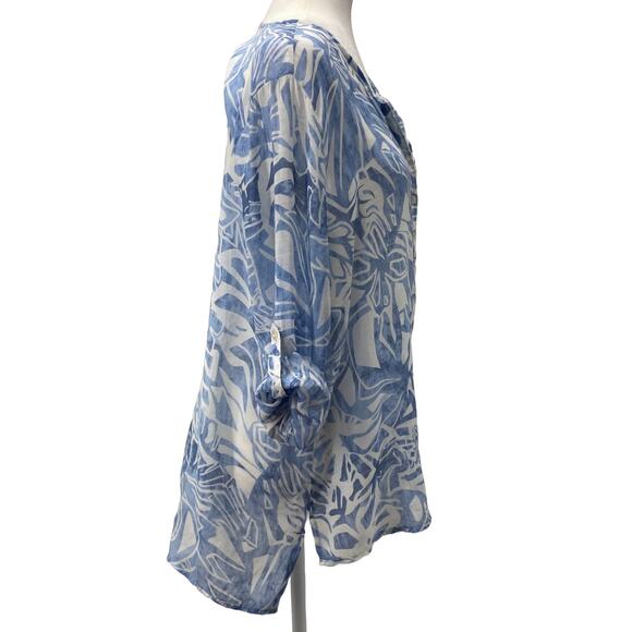 Grand & Greene Blue White Tropical Sheer Tunic Blouse L Roll Tab Sleeve Top - Picture 4 of 15